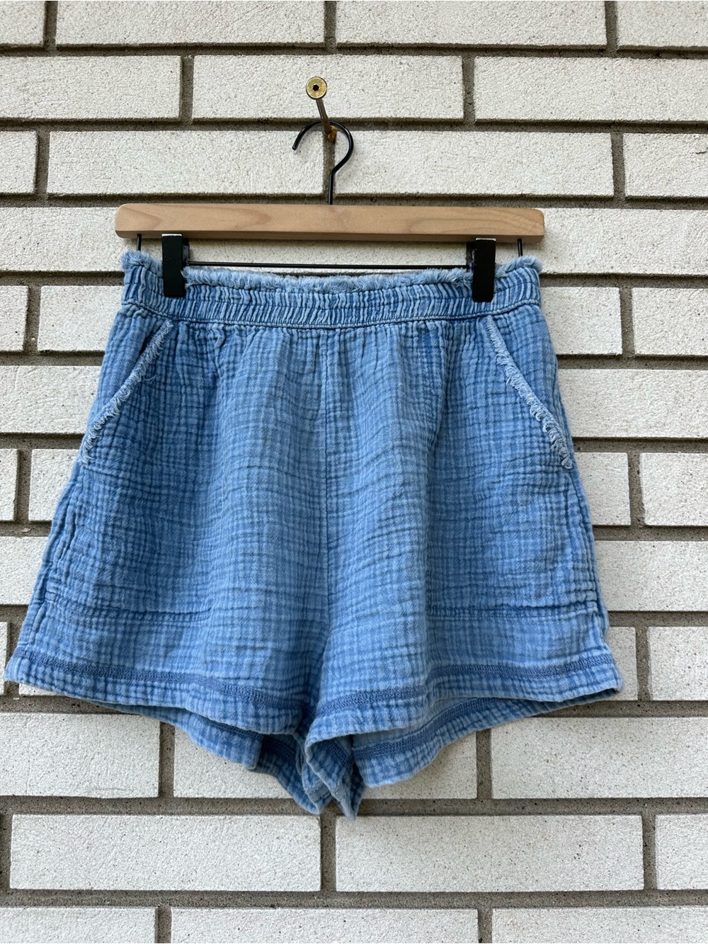 Aerie Gauzy High Waisted Blue Cotton Raw Edge Lounge Shorts M Pockets Beach - Picture 4 of 13